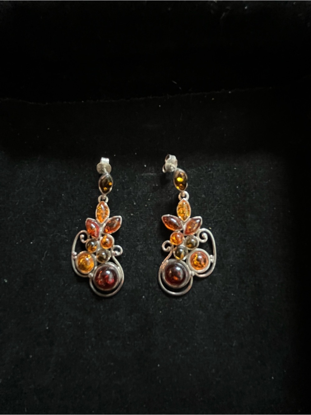 Sterling Silver Amber Drop Earrings - Warm Honey and Cognac Stones